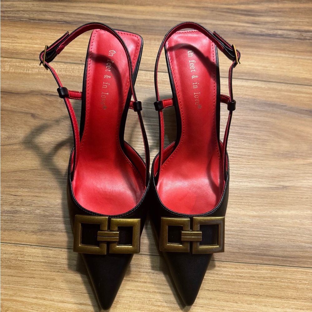 Black Pointed Slingback Heels with Gold Buckle and Red Insole - Picture 3 of 12